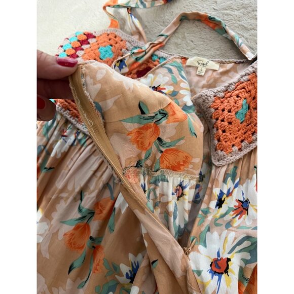 Easel Vintage-Inspired Floral Dress With Crochet Bodice Sleeveless Boho Maxi Bei - Picture 9 of 12